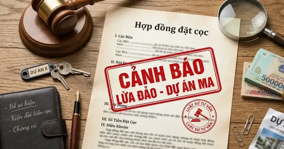 Hình ảnh góc chụp flatlay (từ trên xuống) một bản "Hợp đồng đặt cọc" hoặc "Hợp đồng góp vốn" bị đóng mộc đỏ chữ "CẢNH BÁO lừa đảo", đặt cạnh một chiếc búa thẩm phán hoặc kính lúp